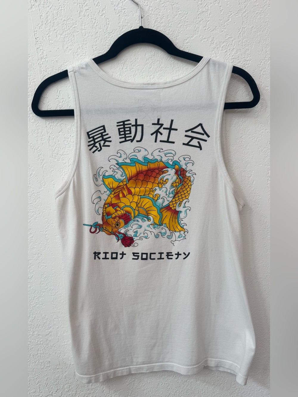 Men's Riot Society screen print Koi fish logo white sleevelesstank top